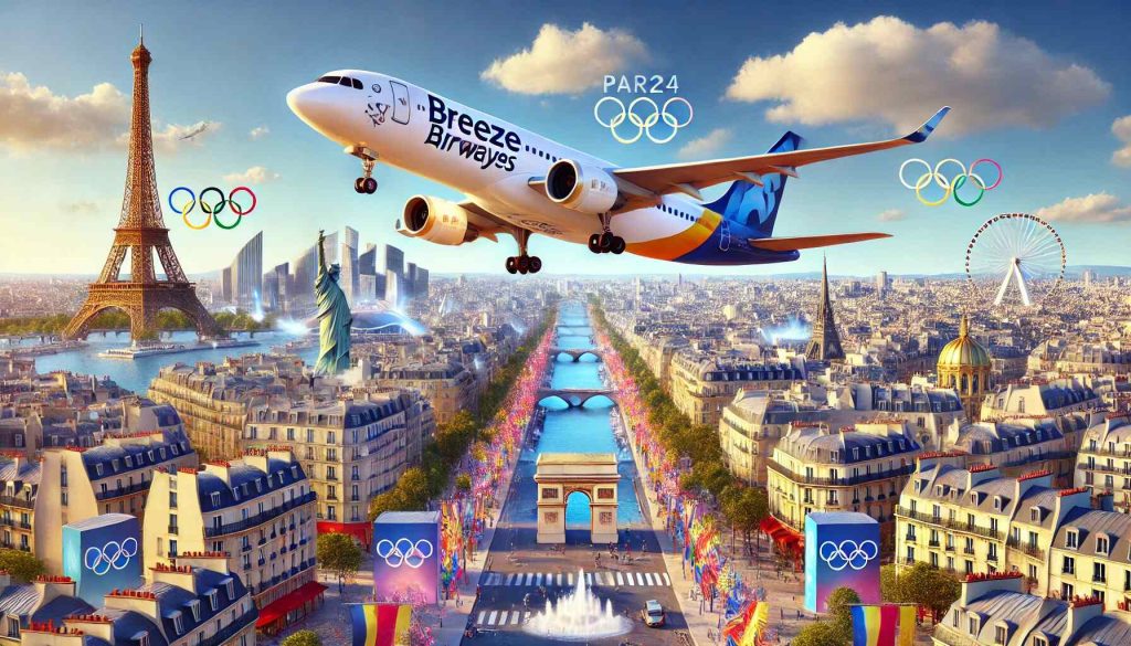 Dalle 2024 07 09 191554 A Realistic Hd Image Of A Breeze Airways Airplane Flying Over Paris During The 2024 Olympics The Airplane Features The Distinctive Breeze Airways Liv.jpg