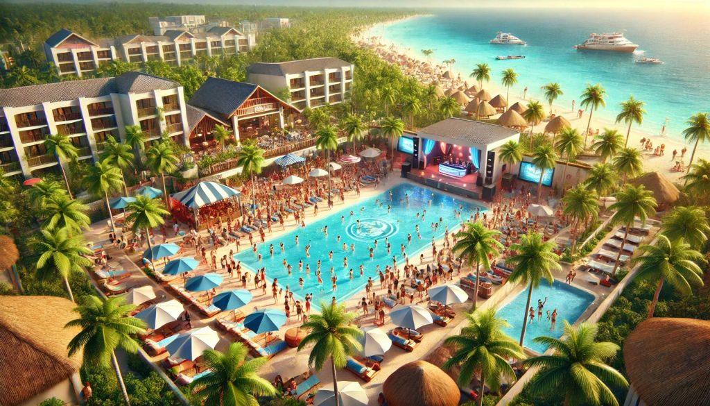 Dalle 2024 09 16 183305 A Realistic Hd Landscape Image Depicting A Vibrant Spring Break Scene At A Beach Resort The Setting Includes An All Inclusive Resort With A Large Poo.jpg