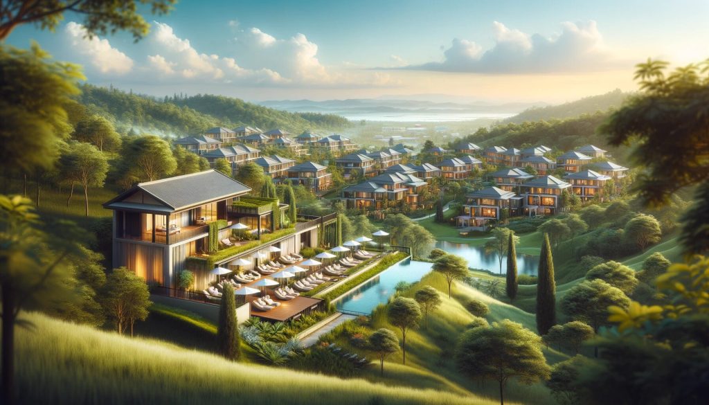 Dalle 2024 09 23 171504 A Luxurious Resort In A Serene Landscape Featuring Lush Greenery Elegant Villas And A Tranquil Atmosphere The Resort Is Surrounded By Dense Forest.jpg