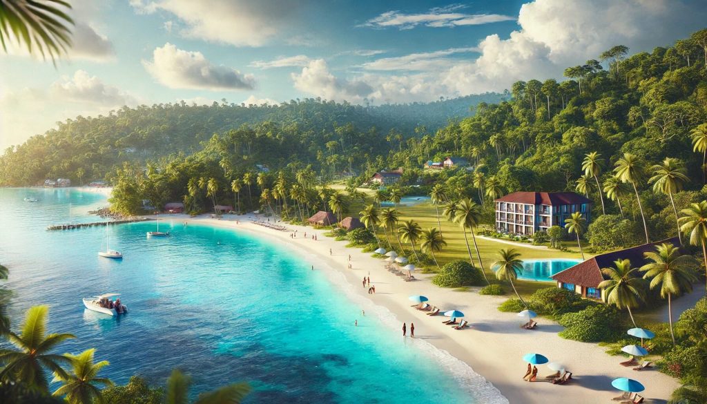 Dalle 2024 09 26 172314 A High Definition Realistic Landscape View Of A Caribbean Beach With White Sand And Turquoise Waters Representing The Caribbean Tourism Industry Th.jpg