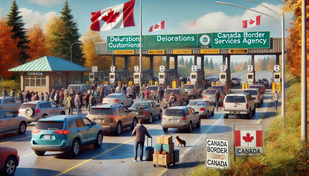 Dalle 2024 10 08 213255 A High Definition Realistic Image Showing A Busy Border Crossing During The Thanksgiving Weekend In Canada The Scene Should Depict Travelers In Cars.jpg