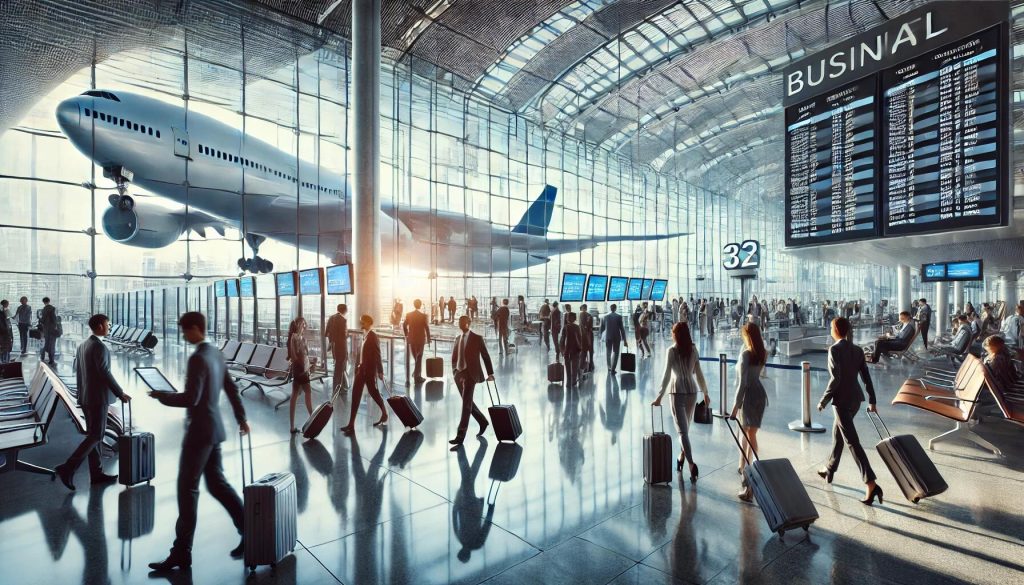 Dalle 2024 10 10 193658 A High Definition Realistic Image Of A Bustling Business Travel Scene In A Modern Airport Terminal Business Travelers Are Seen Walking With Luggage.jpg