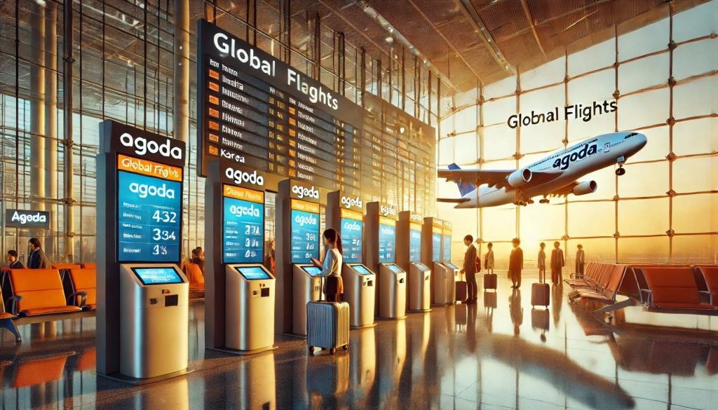 Dalle 2024 12 19 192259 A Modern Airport Terminal With A Focus On Digital Travel Services Featuring Travelers Checking In At Agoda Branded Kiosks Sleek Signage Displaying F.jpg