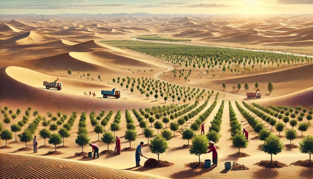 Dalle 2024 12 27 175430 A Realistic Landscape Depicting A Vast Desert Landscape In Gansu Province China With A Large Scale Reforestation Effort Underway The Scene Includes.jpg